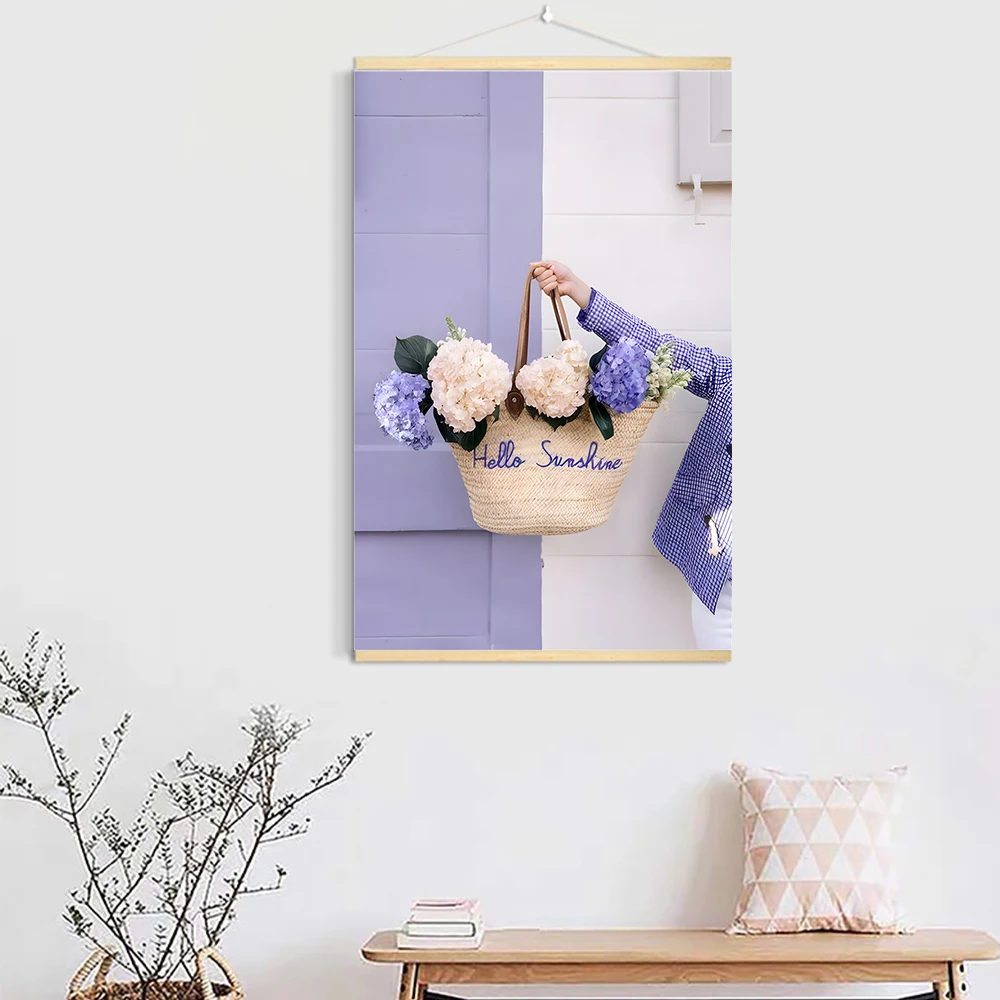 Paris Tower Purple Hydrangea Vase Bicycle Wood Hanging Scroll Painting Nordic Posters Prints Wall Pictures For Living Room Decor