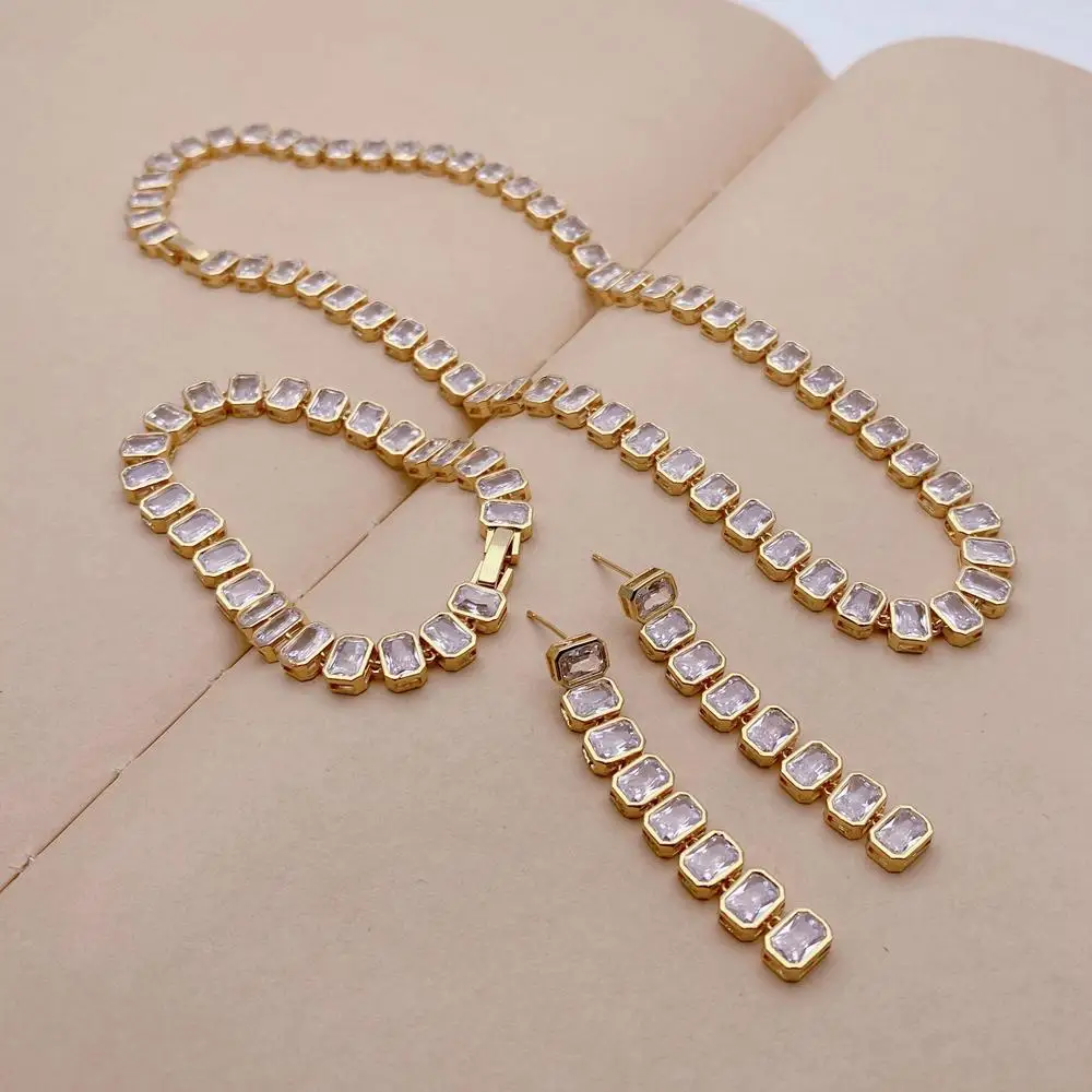 Y.YING Hip Hop Box Cubic 5x7mm Zirconia Gold Plated Necklace Bracelet Earrings Set