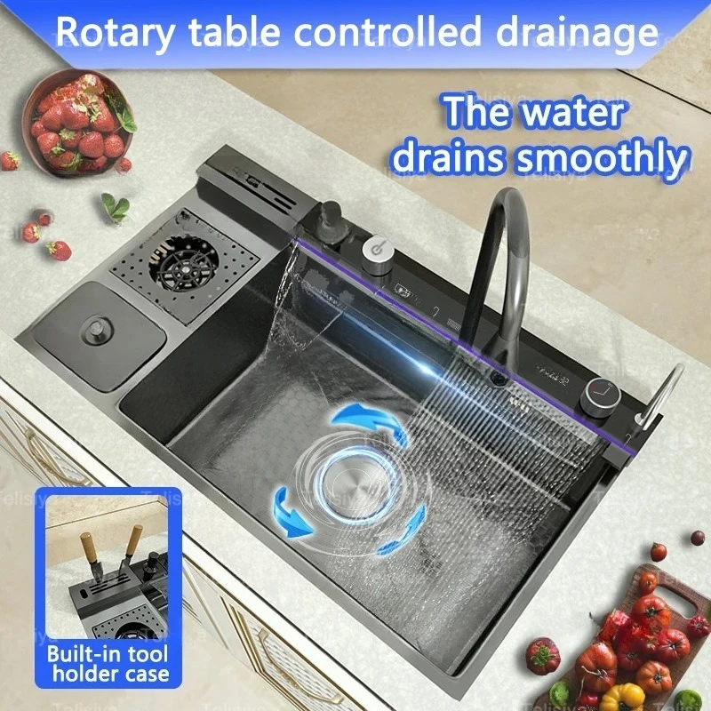 304 Stainless Steel Waterfall Faucet Digital Display Kitchen Sink Large Single Slot with Trash Can Embossed