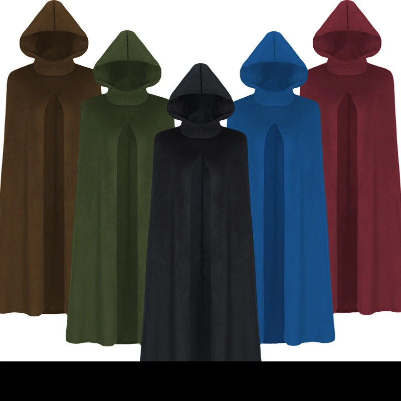 Capa con capucha de terciopelo de gamuza sintética azul Falln/Invierno para hombres y mujeres, capa de mago de Halloween burdeos, capa medieval Grim Reaper Unisex
