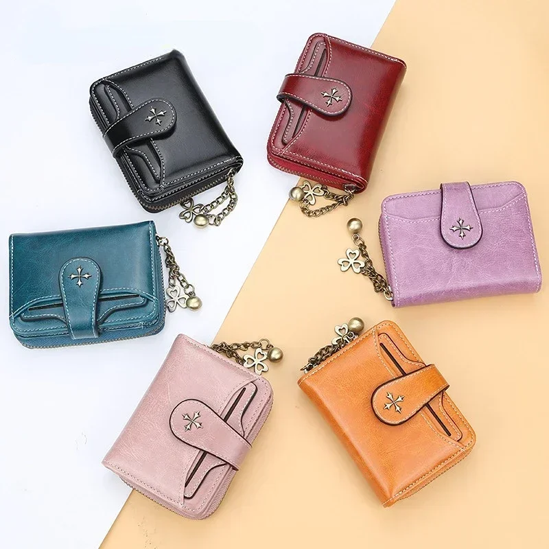 New Women Wallets And Purses PU Leather Money Bag Female Short Purse Small Coin Card Holders Women Wallet With Metal Chain