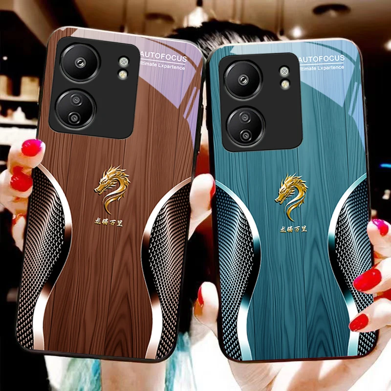 Wooden Dragon Black For Xiaomi Redmi 13C Note13 12 Pro Plus 5G Note 9 13T Pro POCO X6 F5 F6 Black Tempered Glass Phone Case