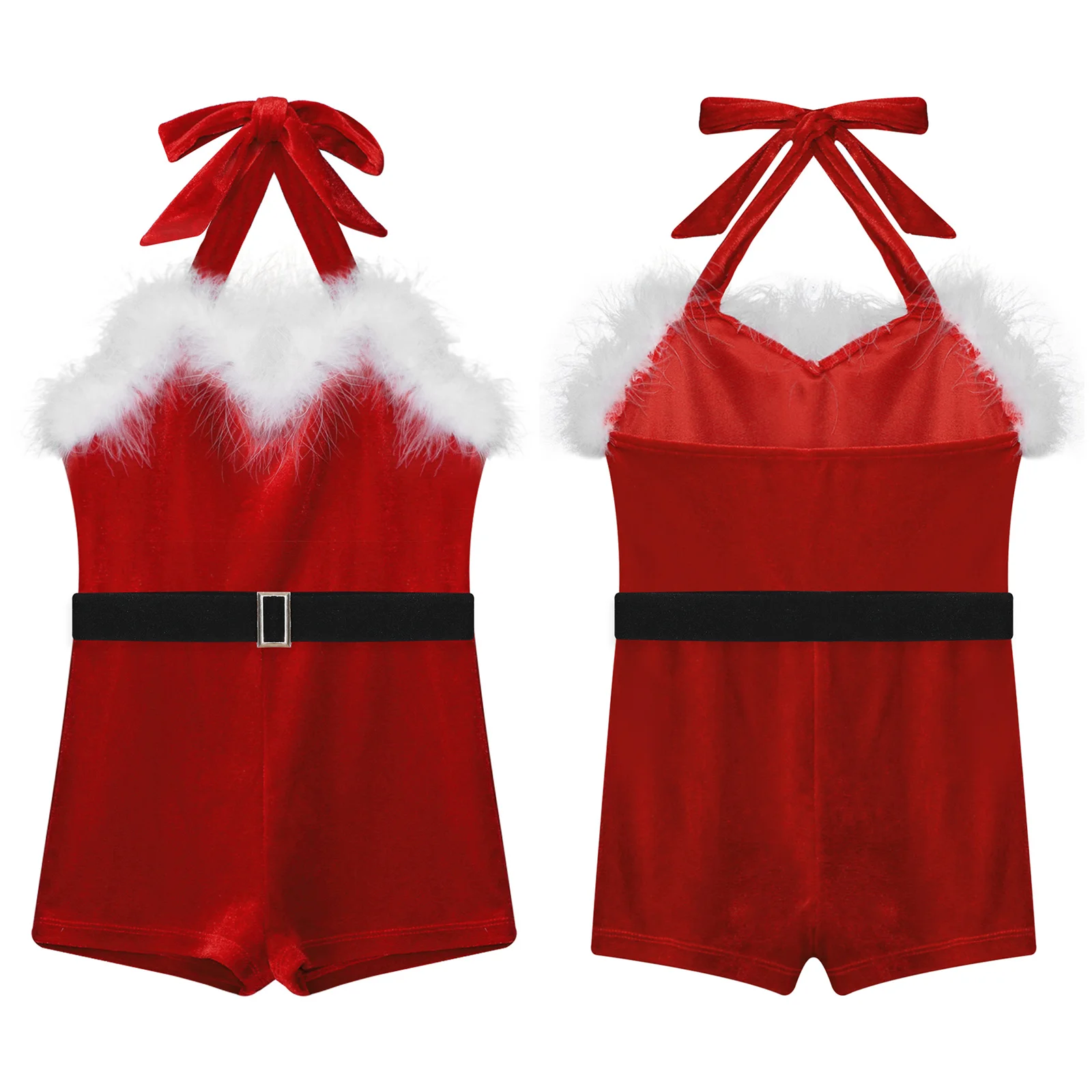 Kids Girl Christmas New Year Bodysuit Xmas Halloween Carnival Party Santa Claus Cosplay Costume Halter Velvet Jumpsuit with Belt