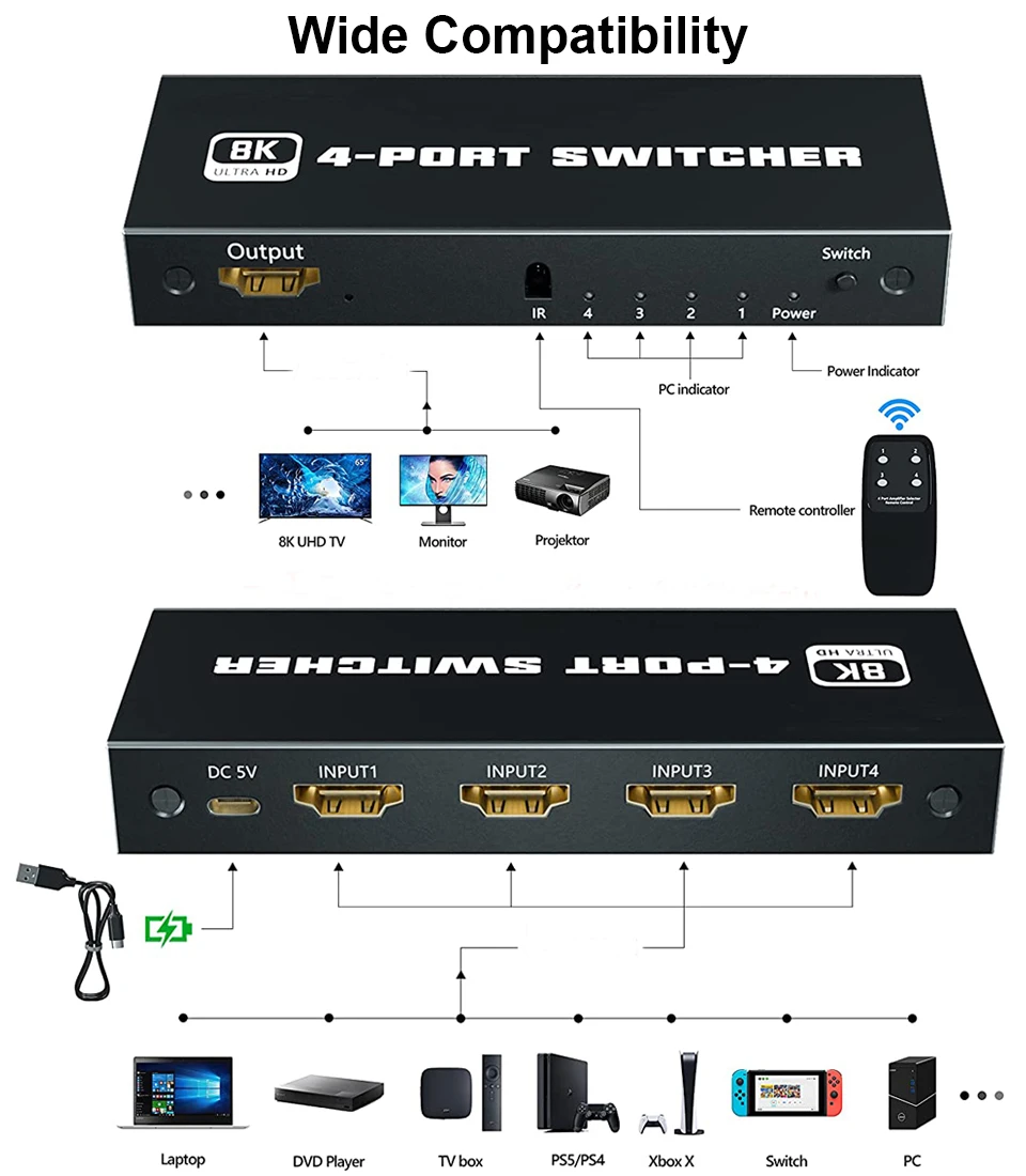 Navceker Switcher HDMI 2.1-compatible 4 in 2 in 1 out 8K 60Hz 4K 120Hz Switch Splitter adapter IR Remote For PS5 PS4 Projector