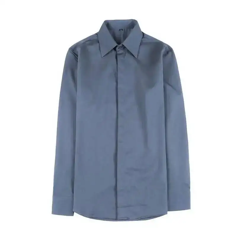 Long Sleeve Men's Shirt Pure Color Big Point Collar Hidden Button Casual Fashion Korean Style Autumn Wear For Live Broadcast