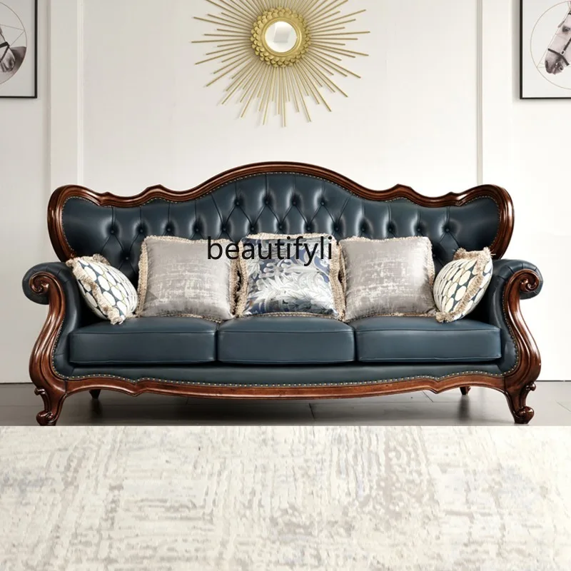 American solid wood leather sofa combination living room retro three-person carved luxury furniture