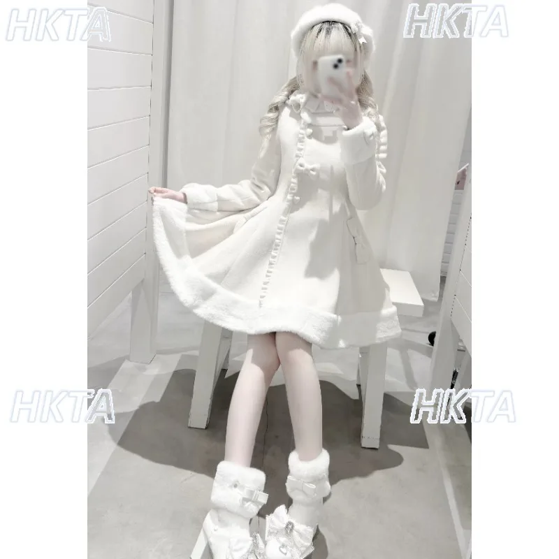 Japanese Autumn Mass Production Type Plush Black Coat Sweet Elegant Bow Pearl Pleated Ruffle Edge Waist Lolita Wool Jacket Women