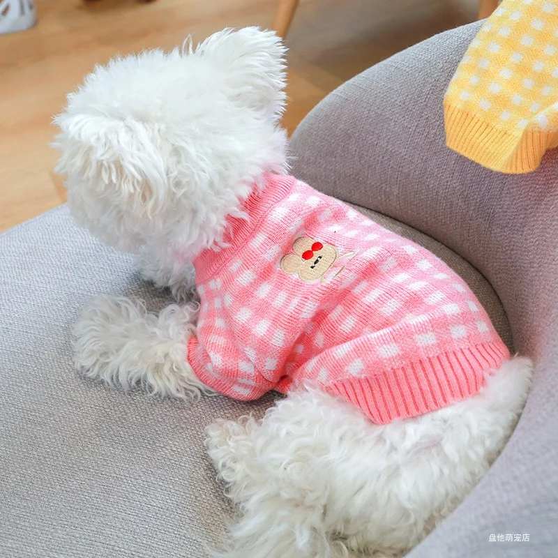 1PC Pet Clothing Cat Pink Plaid Rabbit Autumn and Winter Thickened Warm Knitted Sweater Suitable for Small and Medium sized Dogs