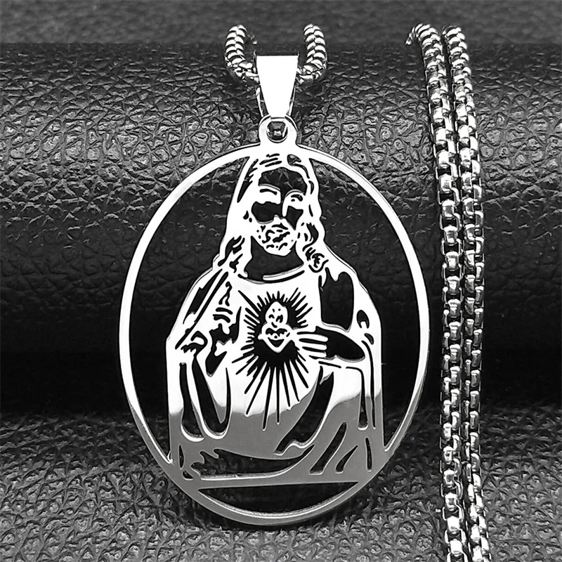 Catholic Sacred Heart Of Jesus Necklace for Men Women Stainless Steel Gold/Silver Color Scapular Chain Jewelry Colar Cruscifixo