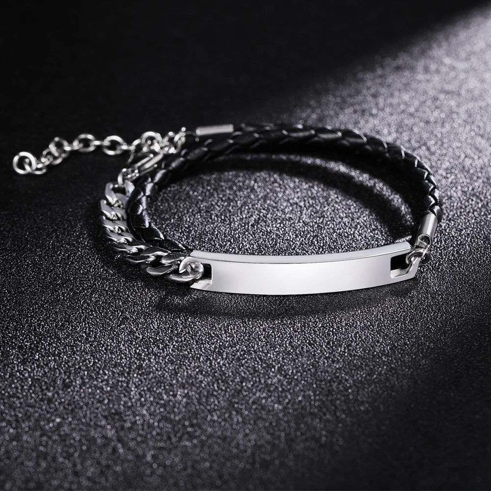 

Blue Jewelry Men Personalized Custom Phrase Bar Men Black Color Double layer Braid Genuine Leather Bracelet