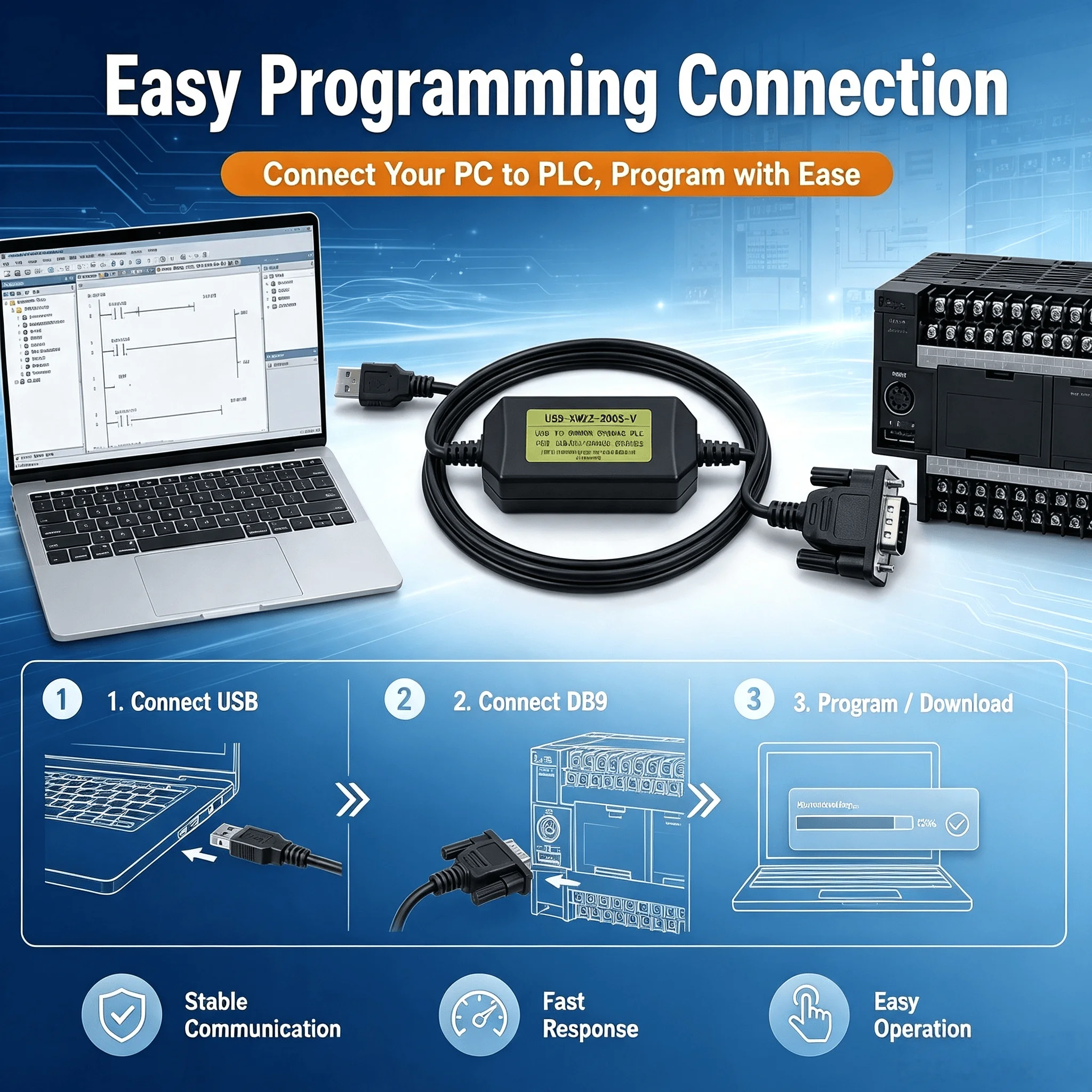 USB-XW2Z-200S-V PLC Programming Cable for Omron CQM1H CPM2C CJ1M, USB to DB9 Enhanced Communication Cord, 3M