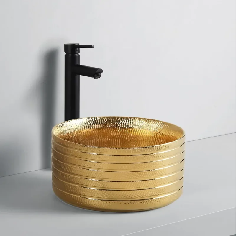 Modern Ceramic Washbasin with Carved Stone Pattern Gold Rim Artistic Bathroom Sink Single Basin for Vanity Countertop Home