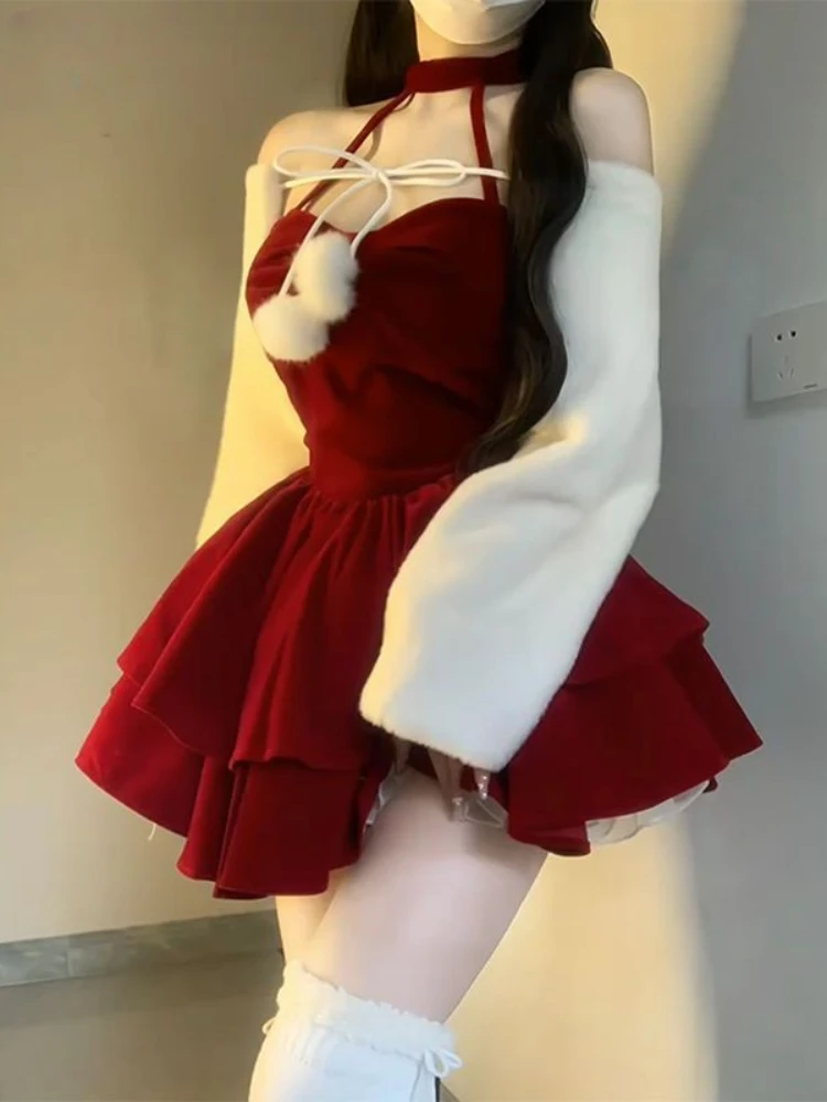 2024 Spring Japanese Style Lolita Kawaii Suit Sweet Fashion Set Woman Casual Short Cardigan + Red Slim Y2k Mini Dress Design