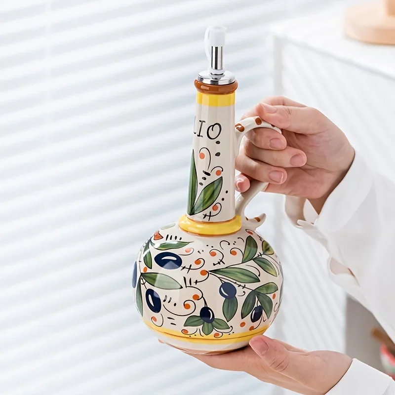 

Hand-Painted Ceramic Olive Oil Bottle with Spout - Freeze Safe, BPA-Free, Kitchen Decor