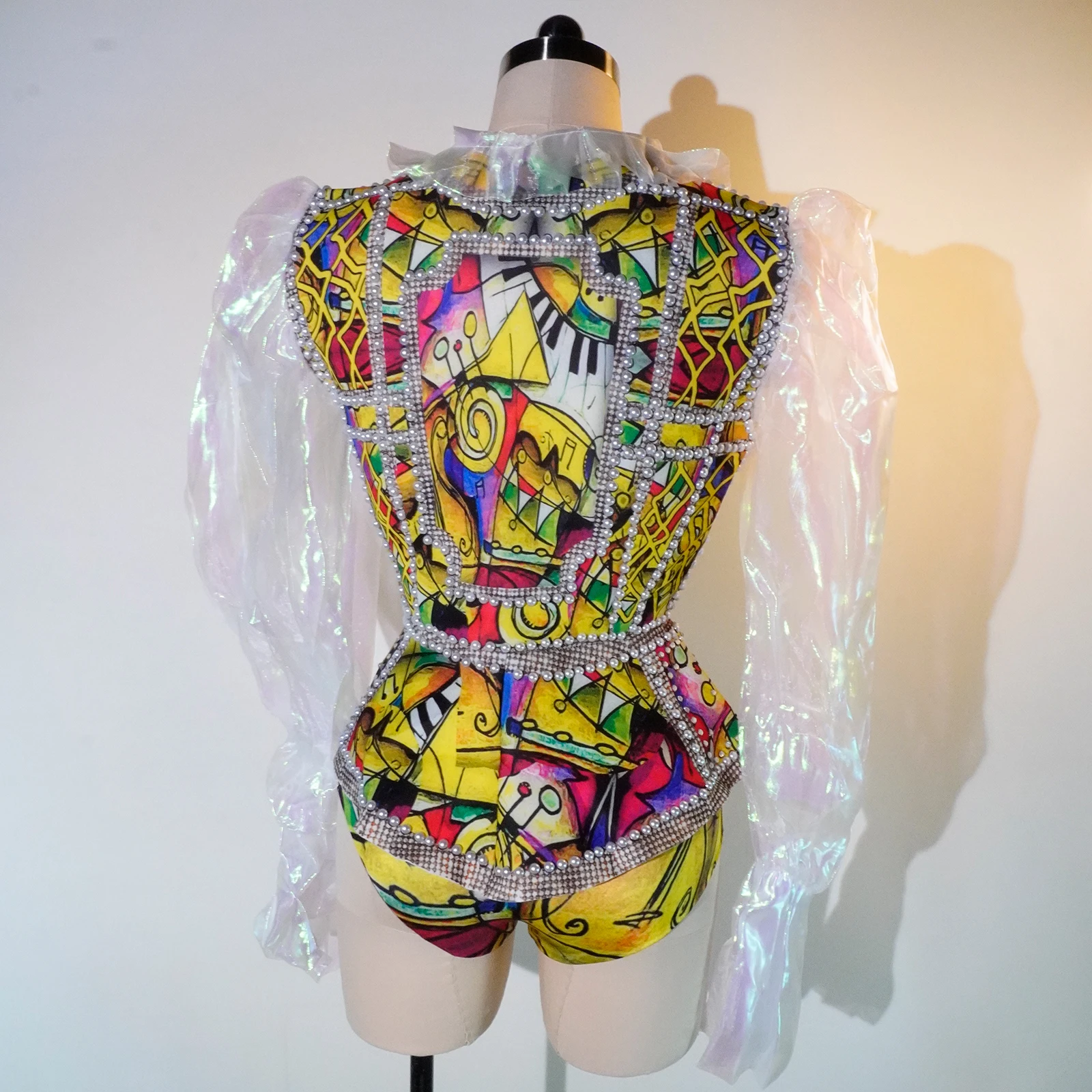 Mulheres puff manga pérola impressão jaqueta shorts conjunto strass bodysuit vintage sexy boate drag queen festival festa traje