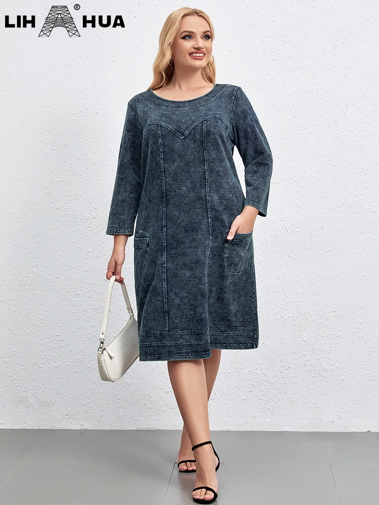 LIH HUA Women\'s Plus Size Denim Dress Fall Cotton Knit Crew Neck Casual Fashion Dress