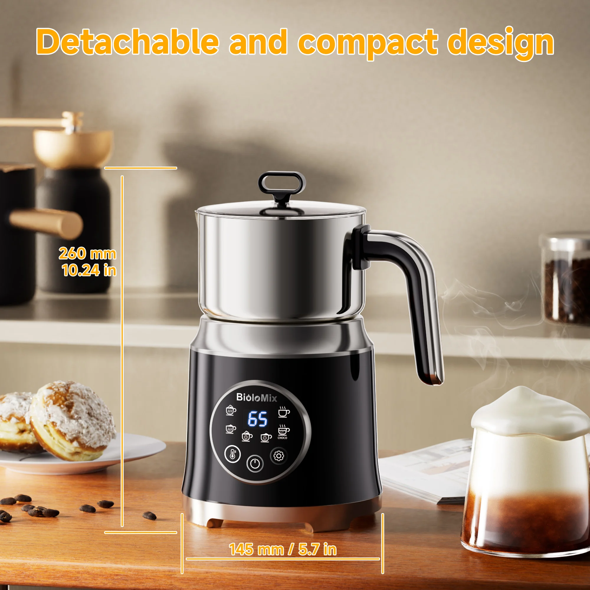 BioloMix Electric Detachable Milk Frother and Steamer 6-in-1