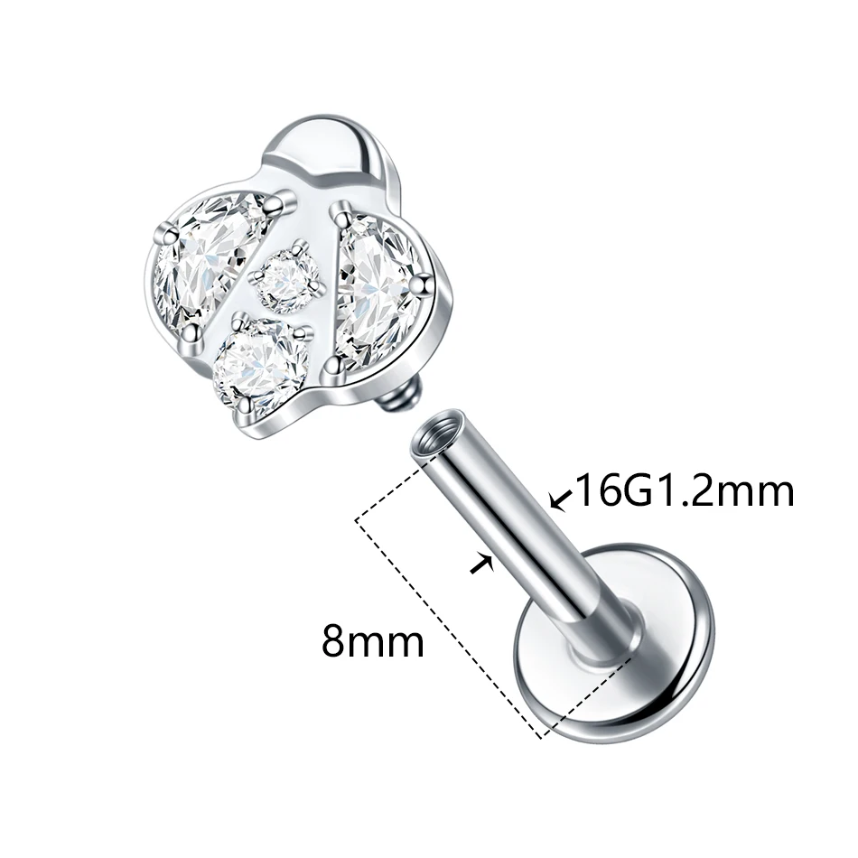 1Pc Titanium Zircon Heart Moon Ear Tragus Cartilage Conch Helix Piercing Labret Ring Nose Piercing Internal Thread Body Jewelry