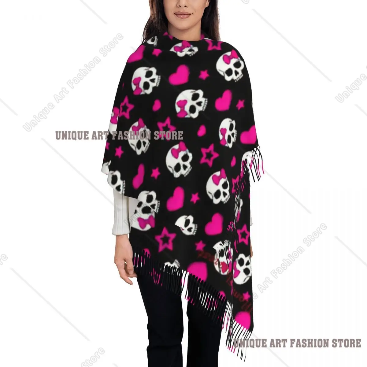 Gothic Pink Skull Scarf for Womens Warm Winter Shawl Wrap Halloween Cartoon Large Shawl Scarf Ladies