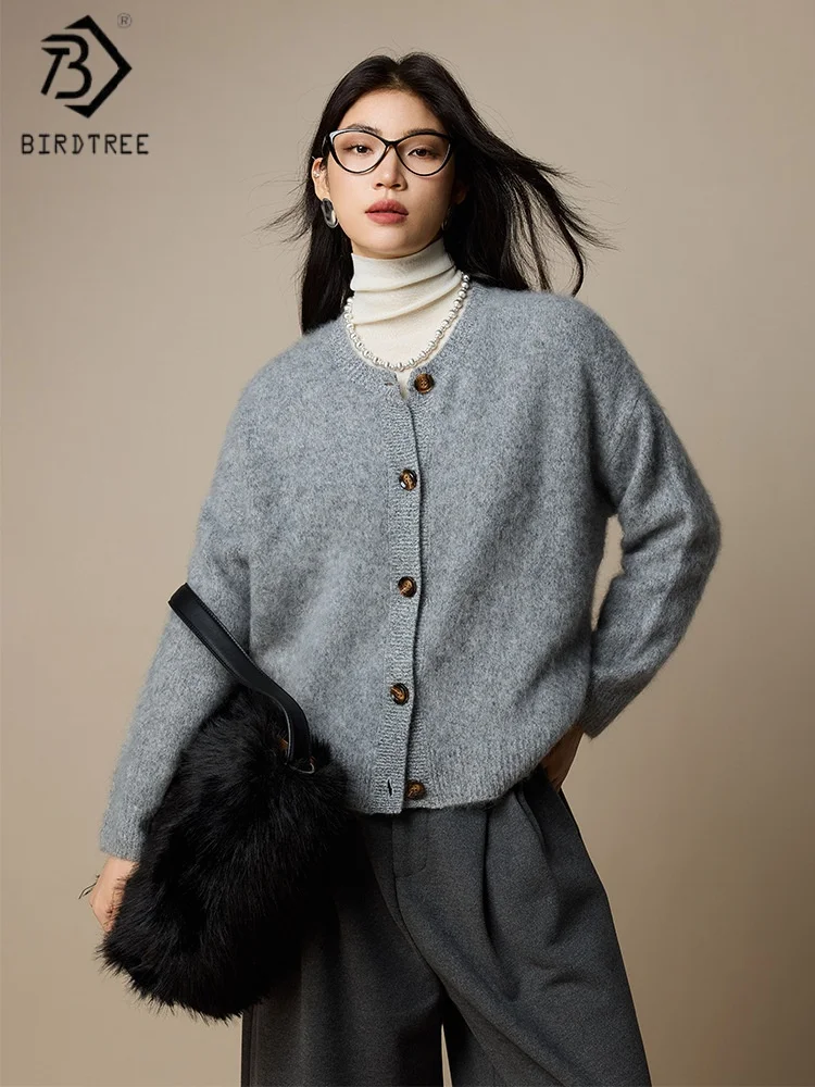 

Birdtree, кардиган из 7% кашемира из 91% овечьей шерсти, женские вязаные топы с круглым вырезом, однобортный свитер, осеннее пальто 2025, серый, белыйT5N206JF