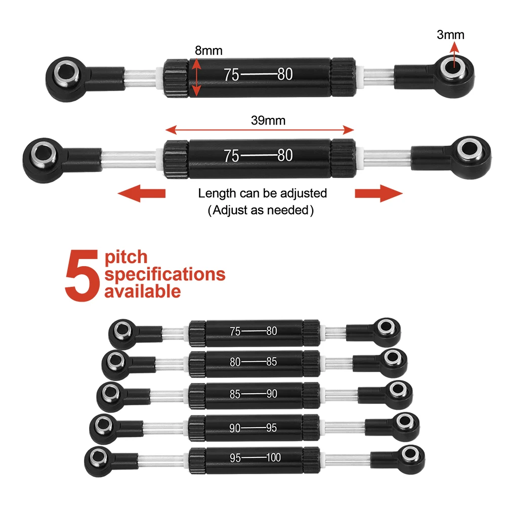 TRINOOD Black/Red Adjustable Steering Link Rod Servo Linkage 80-85mm 90-95mm for 1/10 RC Crawler Car Axial SCX10 Upgrade Parts