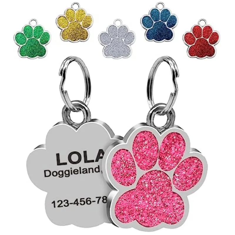 Personalized Dog Cat CustomTags Engraved Puppy Pet ID Name Collar  Tag Stainless Steel Paw Glitter Pendant Pets Dogs Accessories