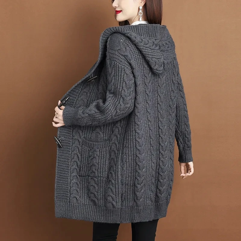 2024 Autumn Winter Large Size Hooded Knitted Coat Women Mid-Long Thicken Cardigan Sweater Female Big Pocket Twists Knit Jacket