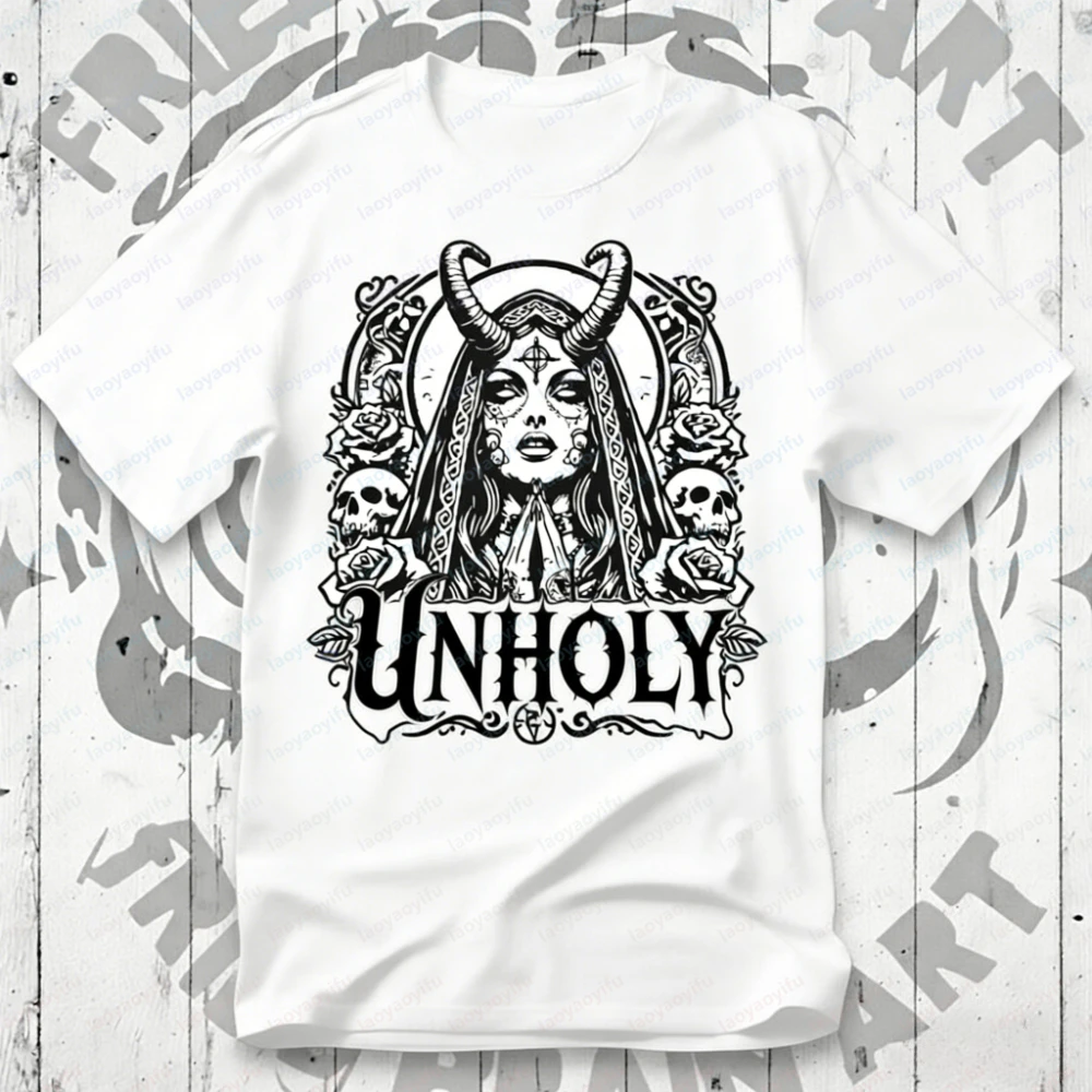 Funny Unholy Nun T-Shirt: Gothic Satan Baphomet Halloween Shirt Gothic Women Clothing Graphic T Shirts High Quality Cotton Tops