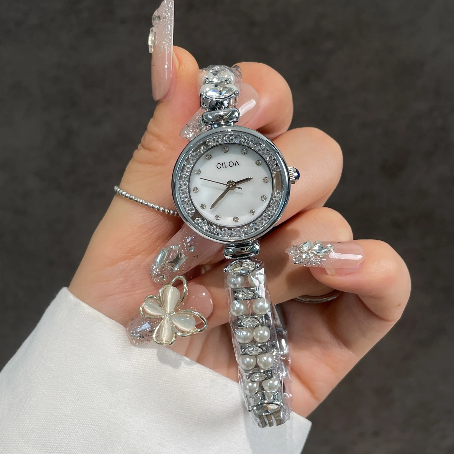 CILOA-Women Pearl Bracelet Watch, Butterfly Pendant, Mother of Pearl Dial Rhinestone Bezel Quartz Wristwatch-747