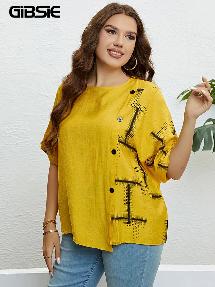 Gibsie Plus Size Casual Print Knoop Voorkant Vrouwen T-Shirt 2024 Nieuwe Zomer Koreaanse Mode Halve Mouw Dames O-hals T-Shirts Tops