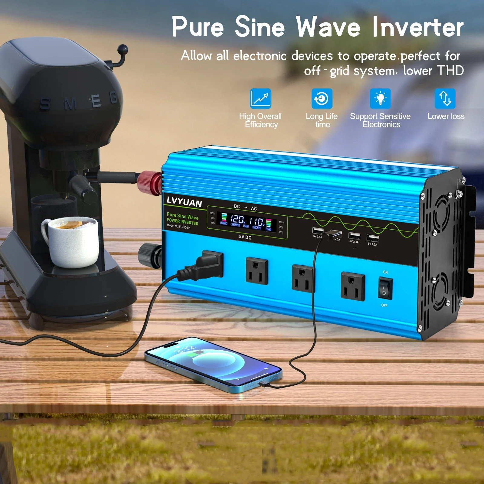 

6000W Power Inverter LVYUAN Pure Sine Wave DC12V DC24V to AC 110V 4*USA Socket LCD Display Smart Remote Control Power Inverter