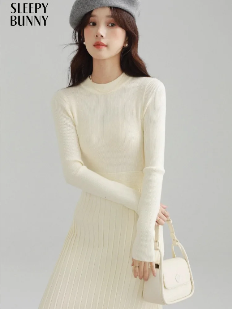 

Elegant Slim Knit Long Sleeve Pleated Midi Dress High Waist Ribbed Sweater Dress Women Autumn Casual Chic Solid Knitwear Outfit