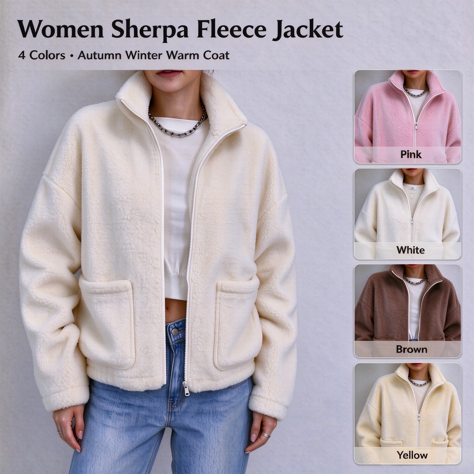 Multi-Color Women Sherpa Fleece Jacket Casual Stand Collar Zip‑Up Fuzzy Winter Jackets Warm Teddy Coat With Pockets S-XXL Size