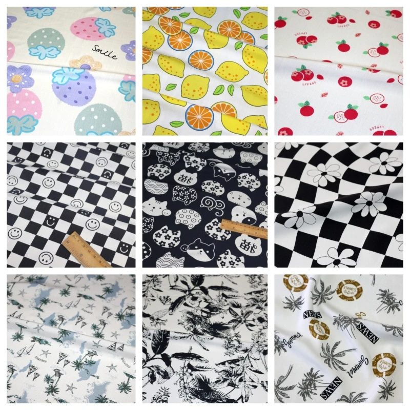 

50X143cm Cotton Silk Fabric Artificial Cotton Fabrics Checkered Forest Black White Printed Cloth Cost-effective for DIY Sewing
