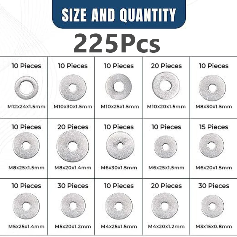 غسالات الحاجز للمسامير - 225 قطعة تشكيلة الغسالات، غسالات للبراغي في 15 مقاسًا مختلفًا (M3 M4 M5 M6 M8 M10 M12) - ستانيل #5