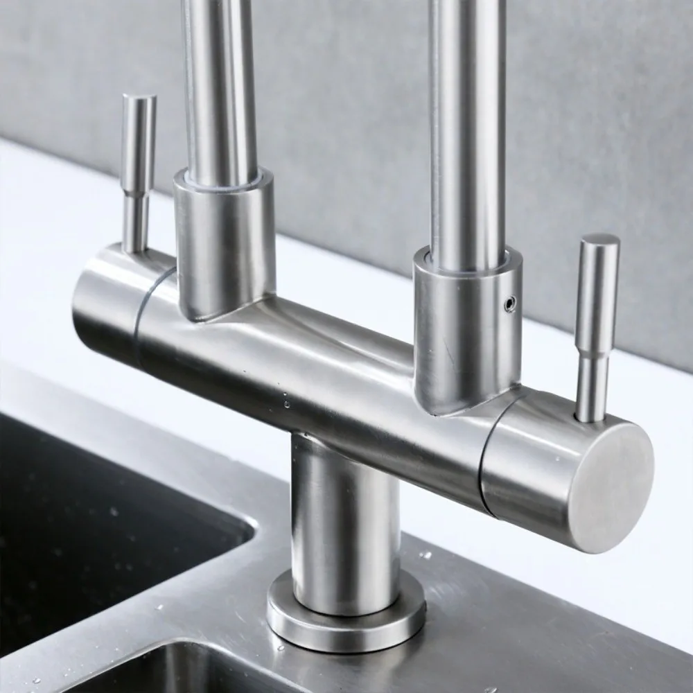 

304 Stainless Steel Double Head Sink Tap 2-in-1 Multifunction Kitchen Water Faucet Convenient 360° Rotate Pillar Mounted Tap