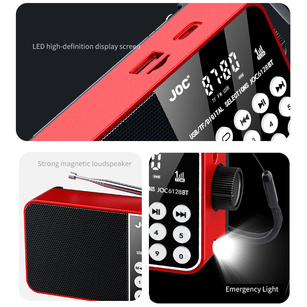 راديو FM محمول قابل لإعادة الشحن سمّاعات بلوتوث USB TF مشغل MP3 مع إضاءة LED 3.5 مللي متر سماعة جاك راديو خارجي استقبال FM