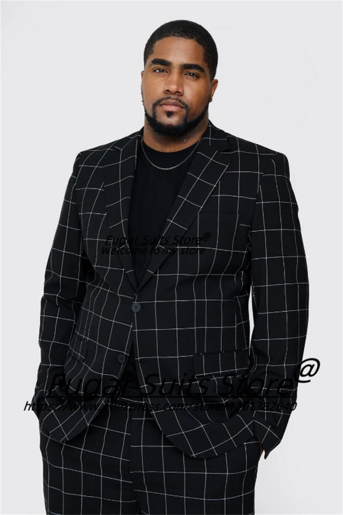 

Plus Size Black Plaid Business Men Suits Custome Made Notched Lapel Groom Tuxedos 2 Pieces Sets Classic Male Blazers Ropa Hombre