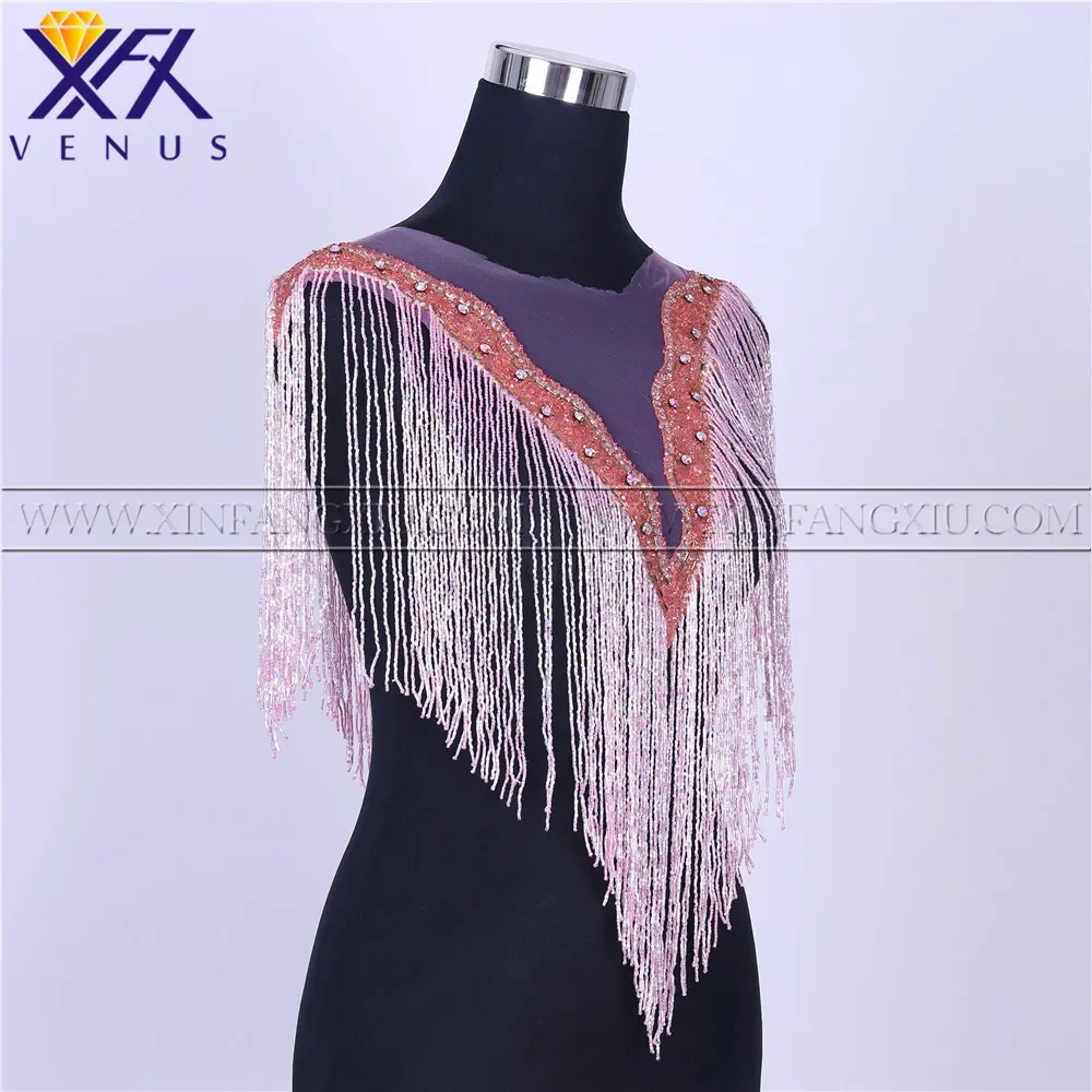 XFX Venus 1PCS Bodice Applique Rhinestone Tassel Beaded Patch Iron on Patches for Lady Party Wedding Dress Decoration Embroidery