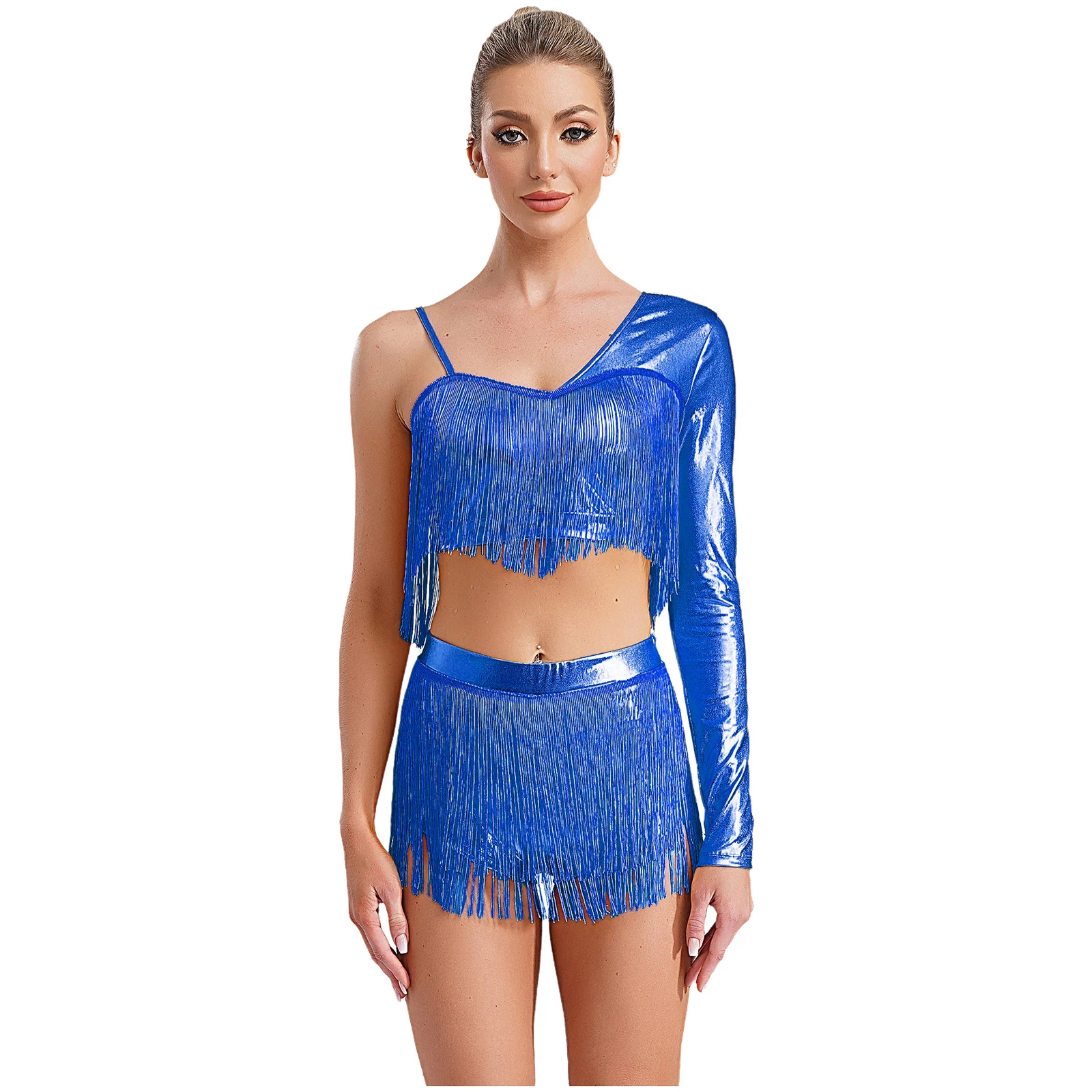 

Two Pieces Latin Dance Performance Competition Set Women Shiny Tassels Single Shoulder Crop Top with Side Shorts Dancewear