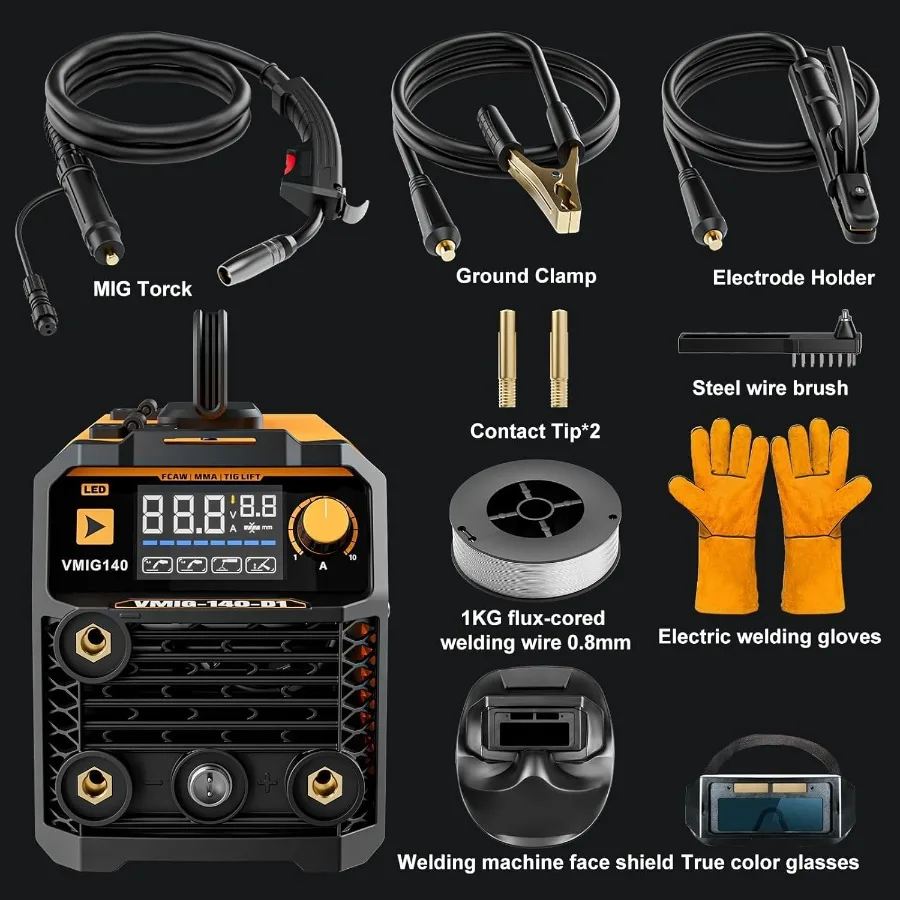 140A MIG Welder 110V Flux Core/Stick/Lift MIG 3 in 1 Welding Machine with Large Digital Screen Display for Automotive Repair Me