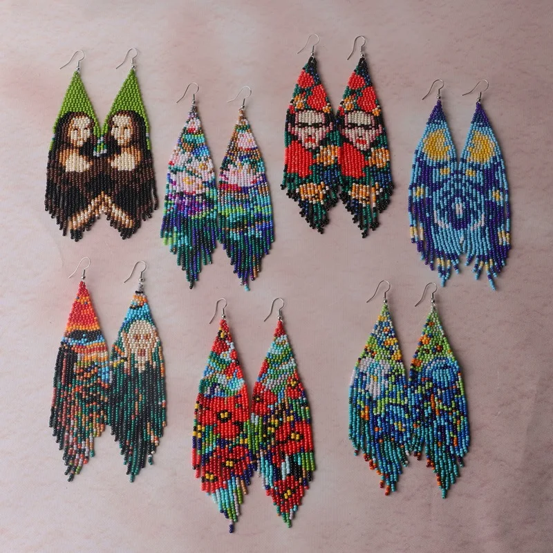 Rice bead earrings Tassel Human face Bohemia Flower Hand knitting Originality Design Fashion Simple Alloy Beaded earrings