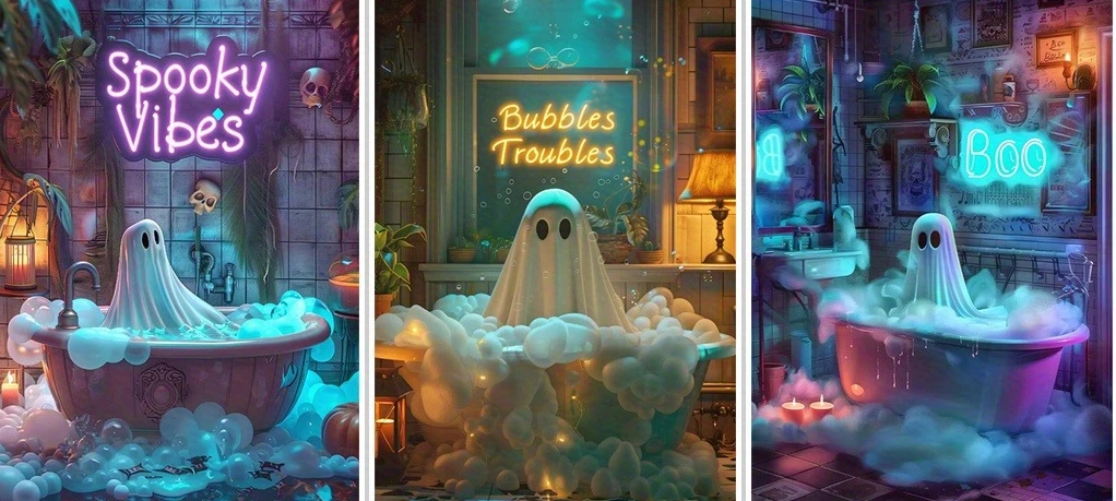 Spooky Halloween 3pcs Canvas Set - 'Ghost Bath' & Dark Gothic Themes - Perfect for Living Room, Bedroom, or Office Decor - Wa