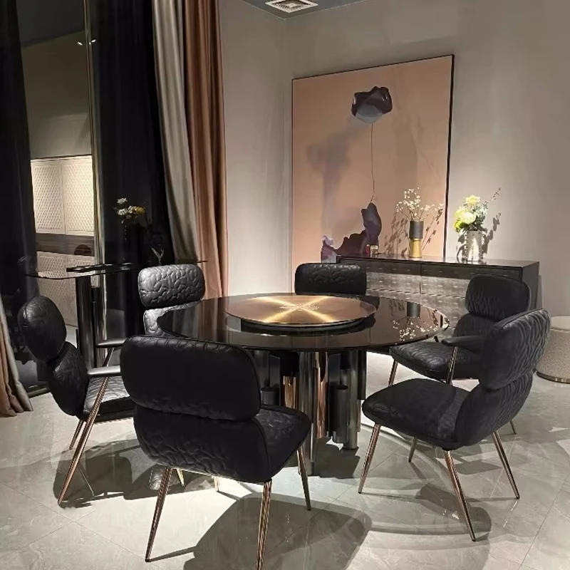 Italian high quality stainless steel dining chair pebble pattern armchair restaurant luxury black leather dining chairs