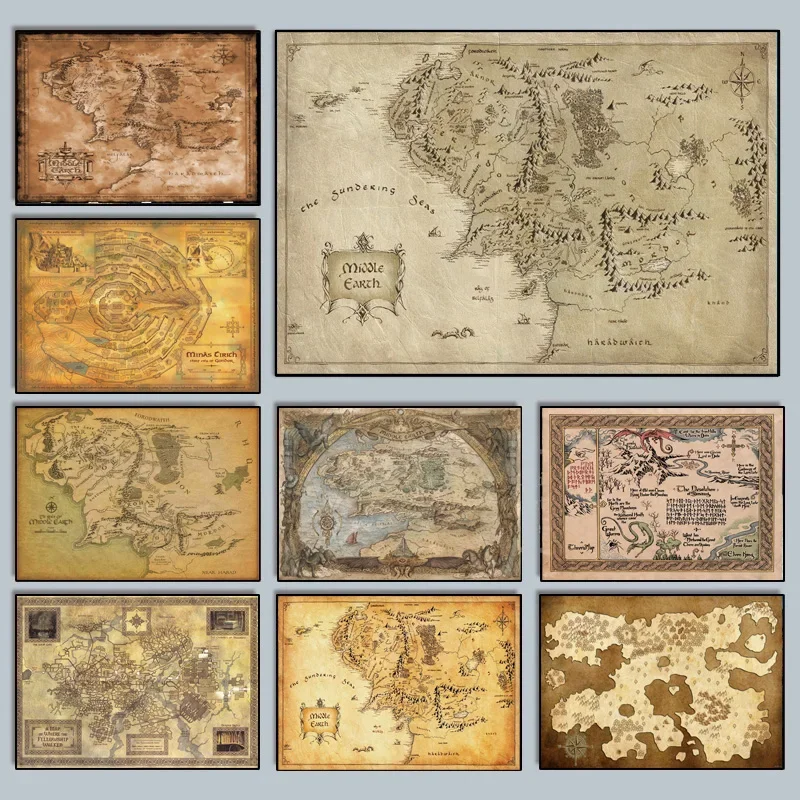 Heißer L-Lord Welt Ringe Karte Flache Mittlere Erde Film Vintage Leinwand Malerei Wand Kunst Bild Wohnzimmer Wohnkultur