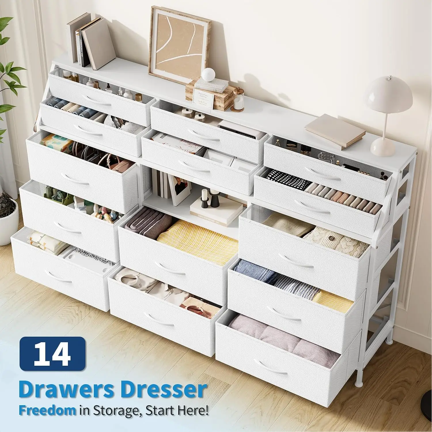 14 Fabric Drawers Dresser TV Stand with Metal Frame & Wood Top Open Shelves for Bedroom Living Room Closet, Customized
