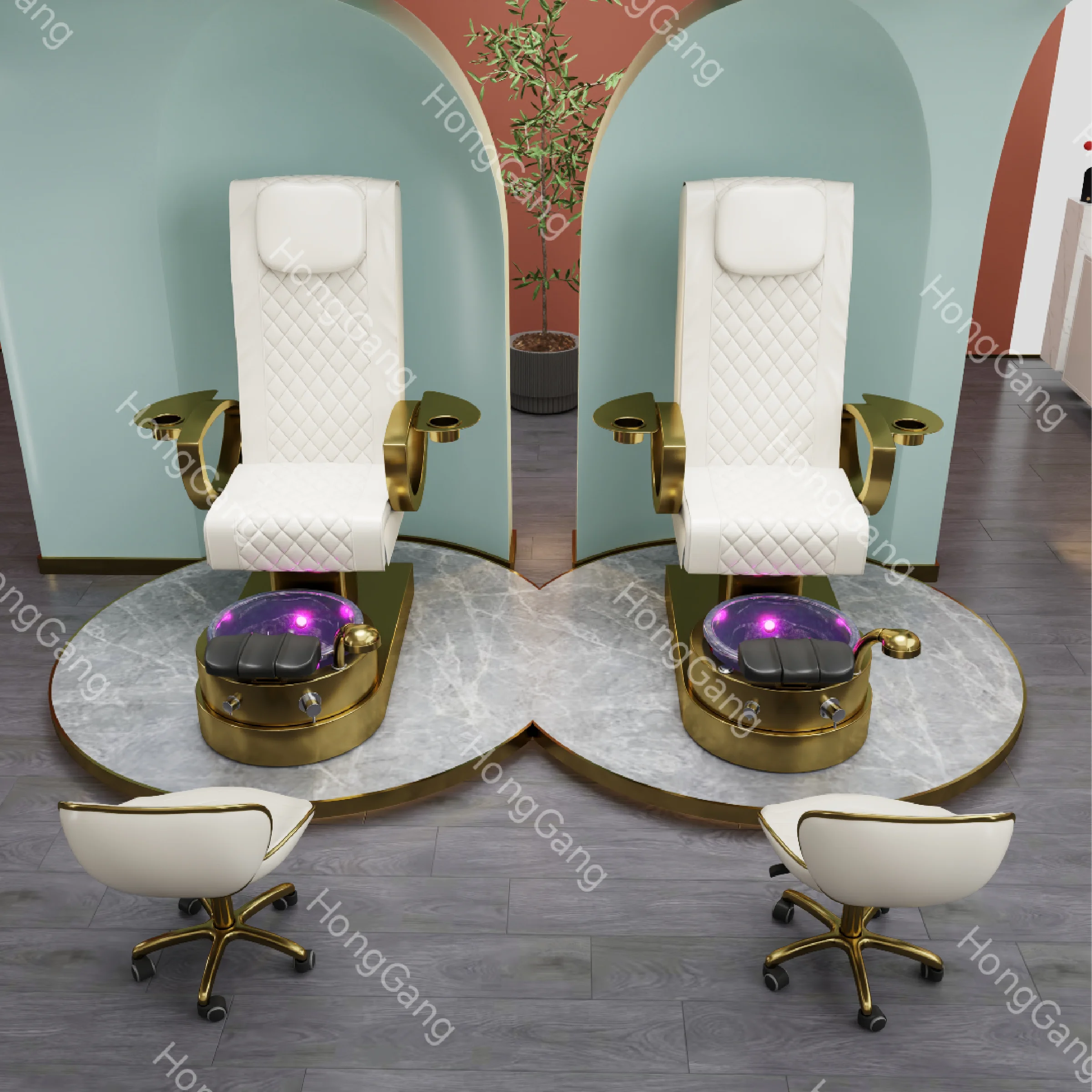 

Luxury Modern Nail Salon White and Gold Back Fullbody Massage Spa Footsie Bath Pedicure Chair for Sale