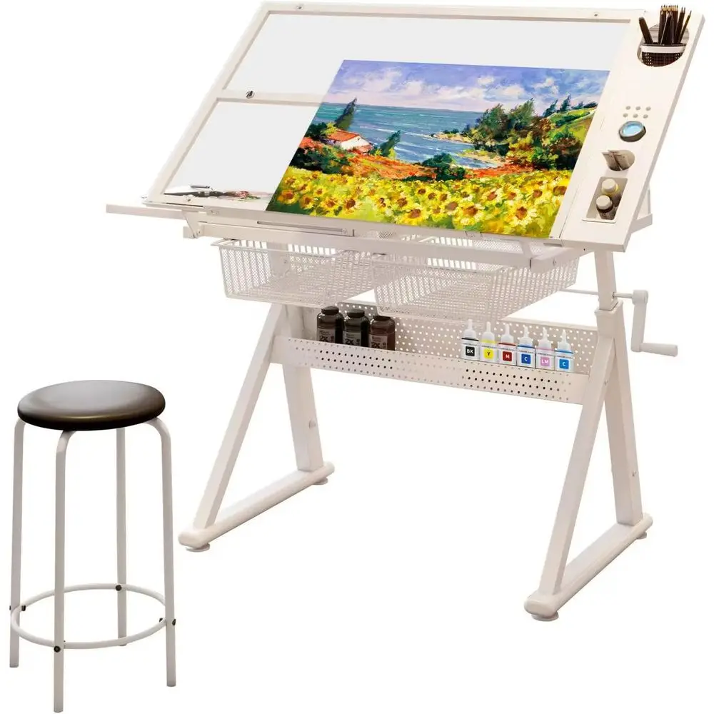 Adjustable Artistic Drafting Table with Tempered Glass Top for Art and Craft Enthusiasts - White, Height Adjustable 29.52 to 37.