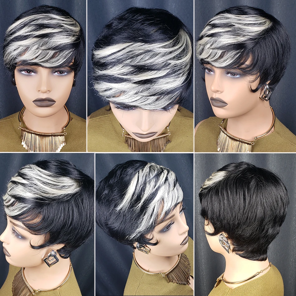 Silver Highlighted Short Layered Pixie Wigs Human Hair 100% Natural Realistic Tangle Free Full Machine Made With Bangs For Women