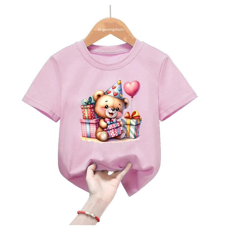 Bear Love Balloon Printed T Shirt Birthday Gift For Girls Kawaii Kids Clothes Funny Pink Tshirt Summer Short Sleeve T-Shirt